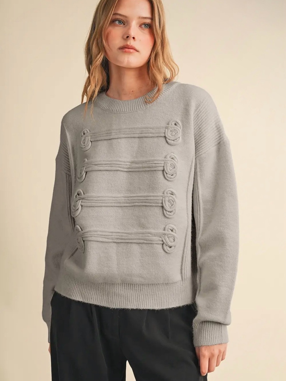 035. Military Inspired Napoleon Toggle Detail Crewneck Sweater Gray,